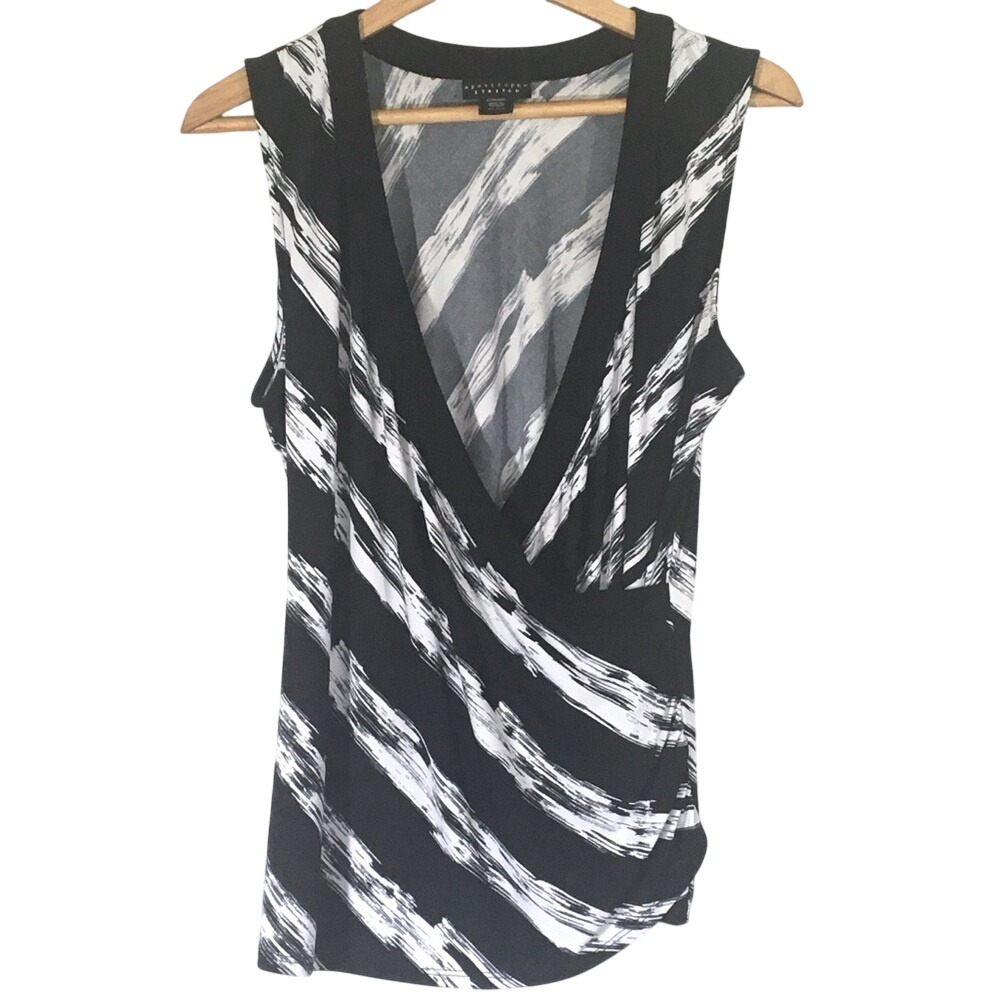 Apostrophe Stretch Black White Brushstroke Wrap Style Sleeveless Top‎ XL